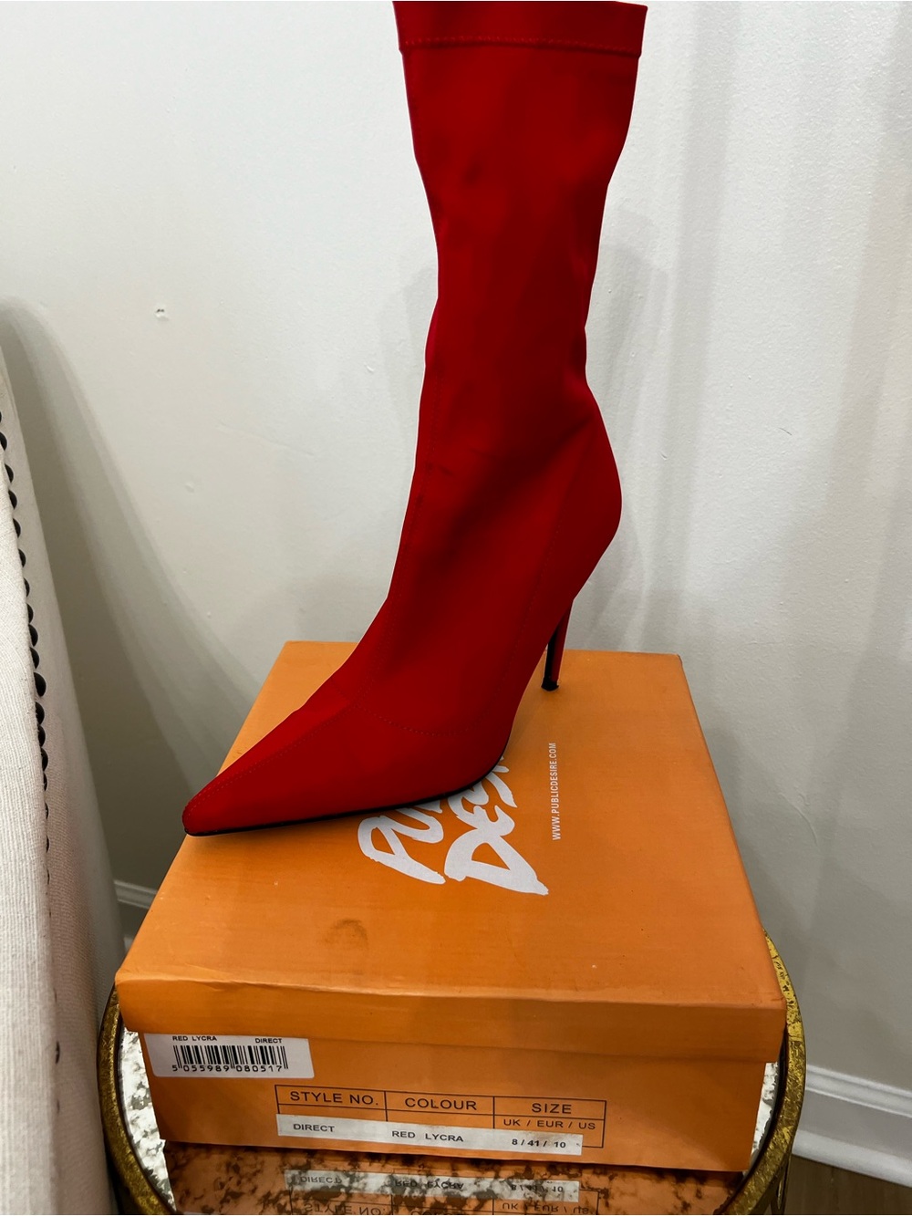 Public Desire Red Pointed Stiletto Sock Boot